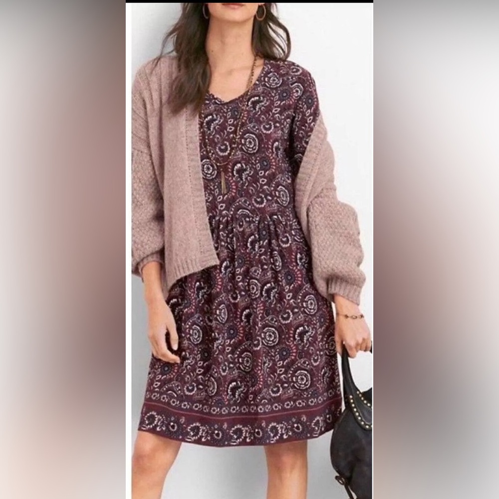 Garnet Hill Boho Drop Waist Paisley Print V-neck Dress Size 8